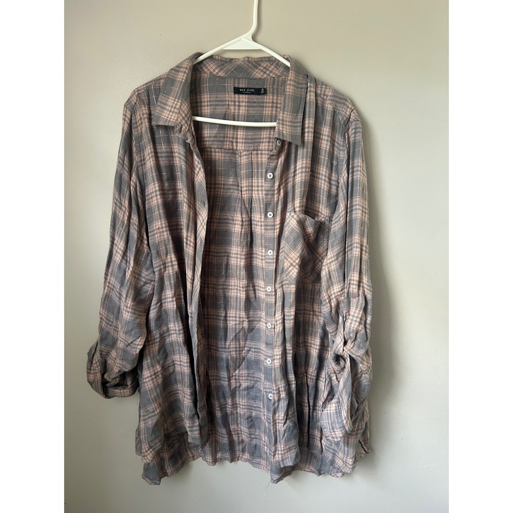 MAX JEANS Womens 1X Plaid Button Up‎  Long Sleeve Oversized Utility Preppy